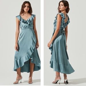 NWT ASTR THE LABEL WILSHIRE RUFFLE OPEN BACK MIDI DRESS SILVER SAGE